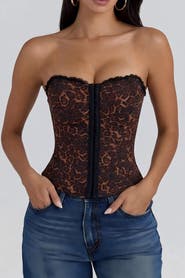 Popilush Leopard Lace Faux Denim Detachable Strap Corset Bustier