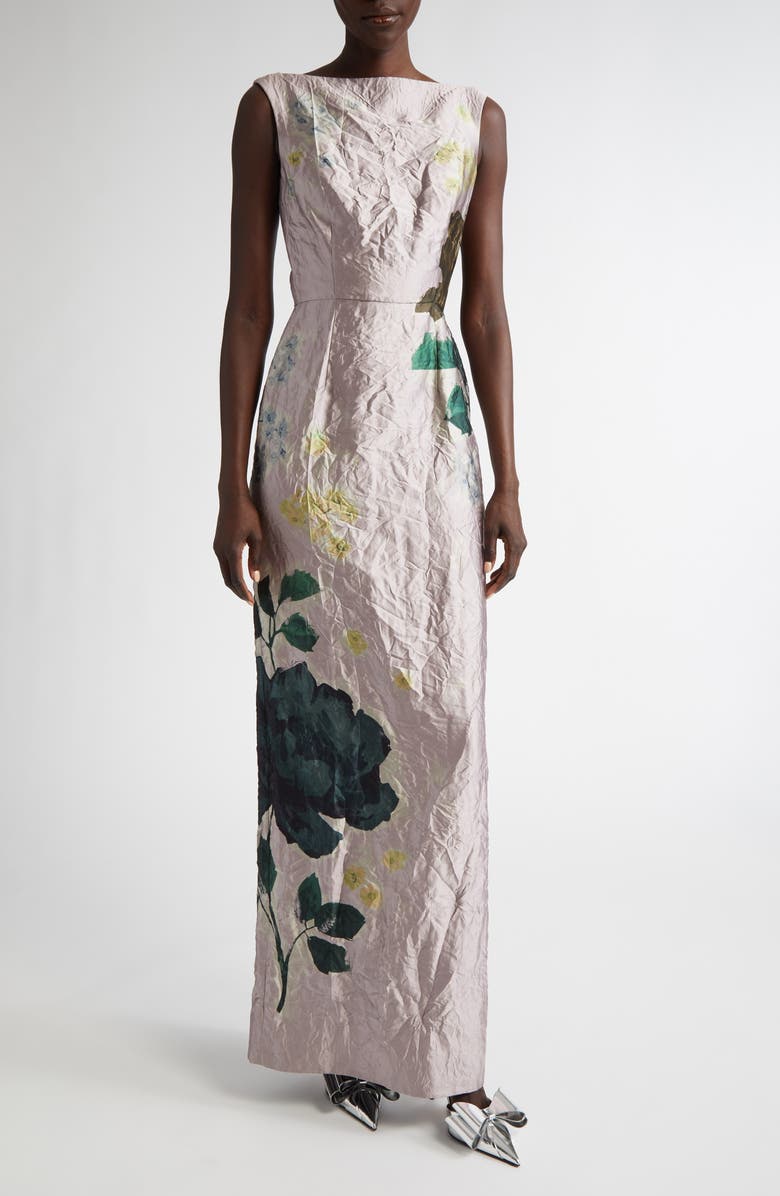 Erdem Floral Print Crinkled Metallic Satin Gown, Main, color, 