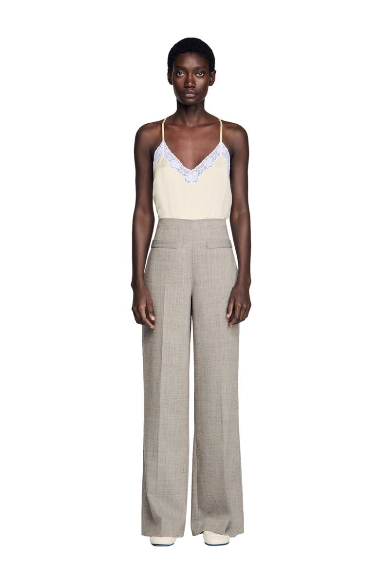 SANDRO Wide-leg checked wool trousers, Alternate, color, Greige