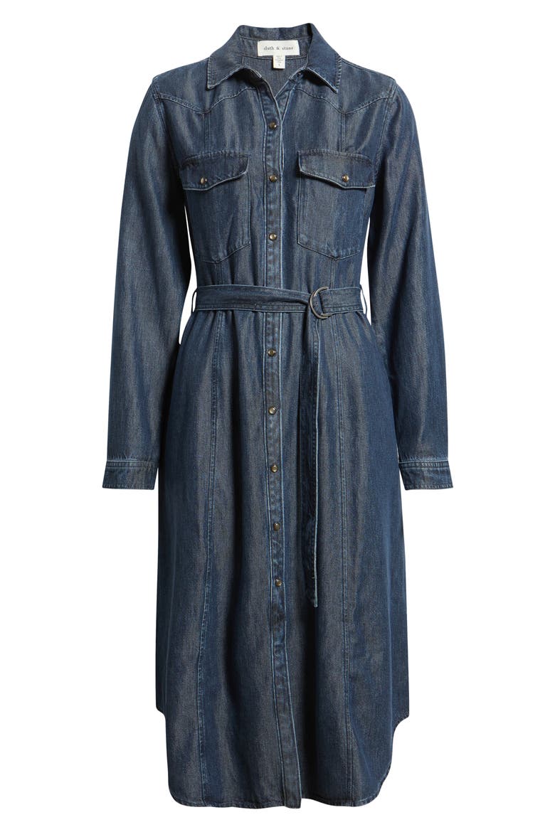 Long Sleeve Denim Belted Midi Shirtdress, Alternate, color, MOONLIT INDIGO WASH