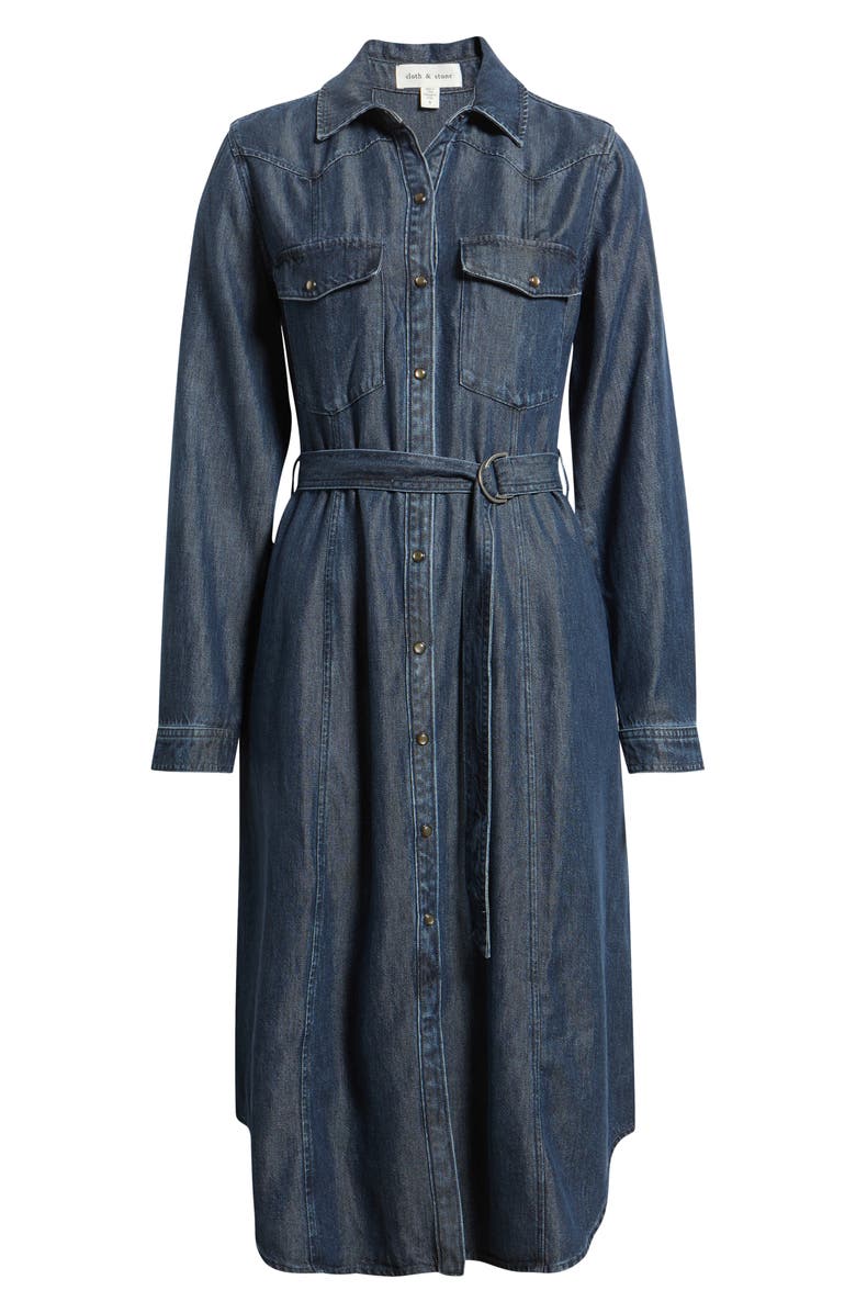 Cloth & Stone Long Sleeve Denim Belted Midi Shirtdress, Alternate, color, Moonlit Indigo Wash
