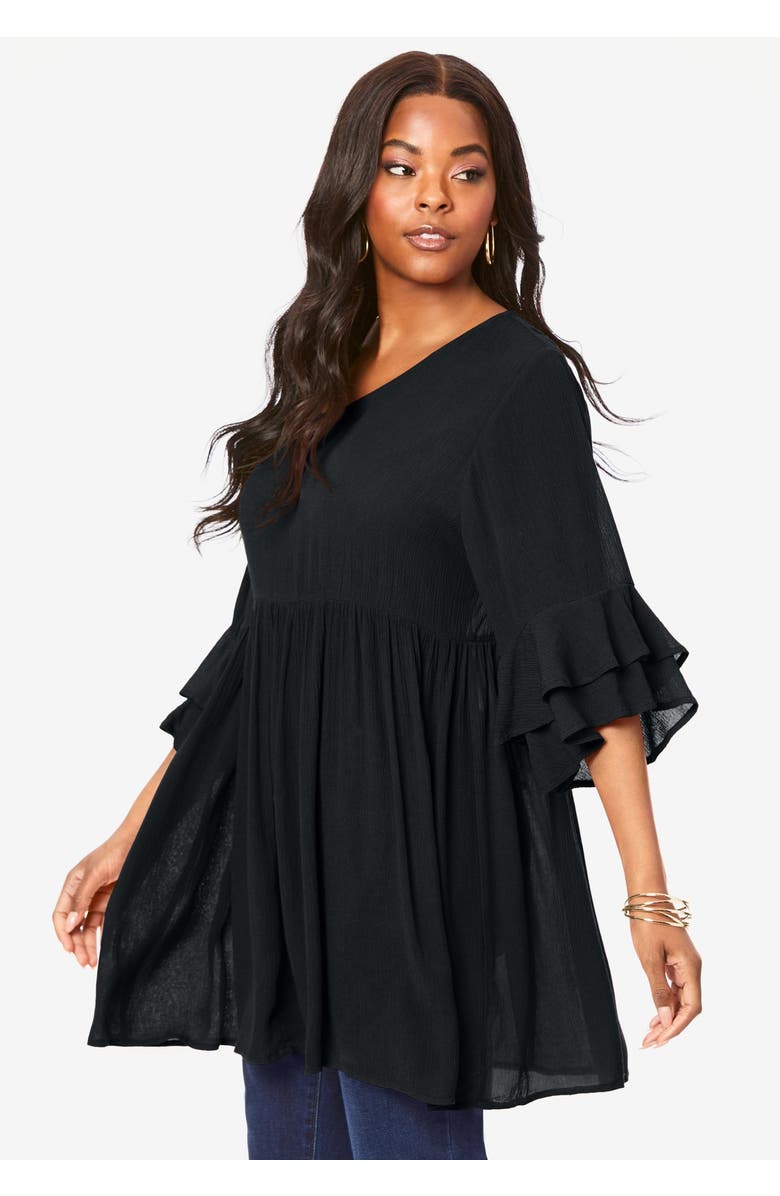 Roaman's Hand Crinkled Flutter Sleeve Tunic, Alternate, color, Black