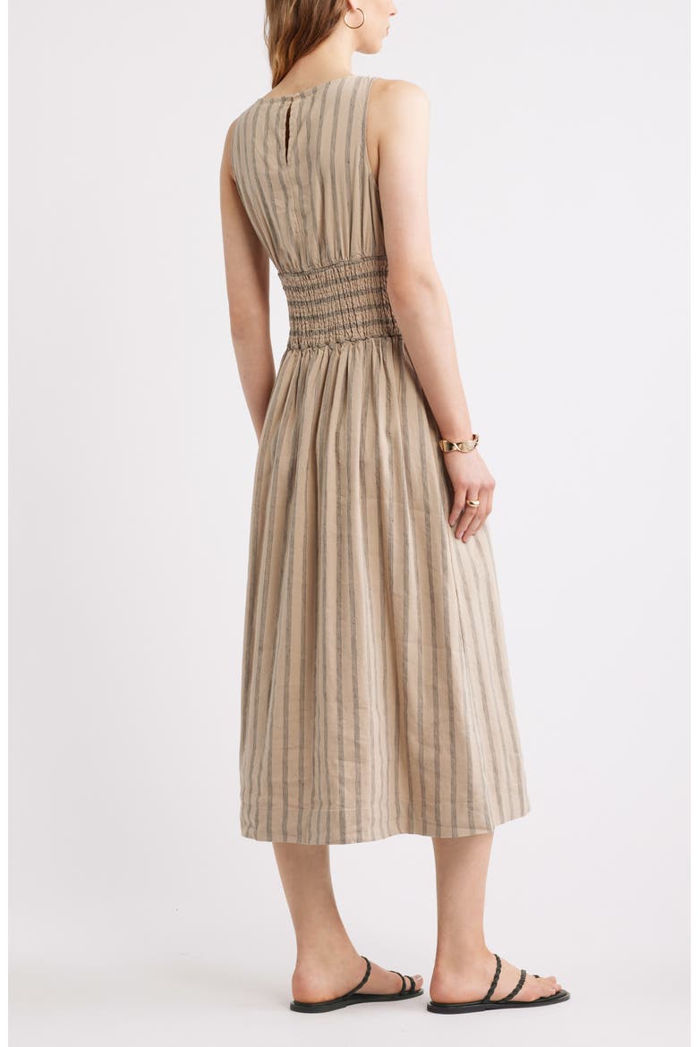Smocked Waist Midi Dress, Alternate, color, TAN- BLACK SONJAY STRIPE
