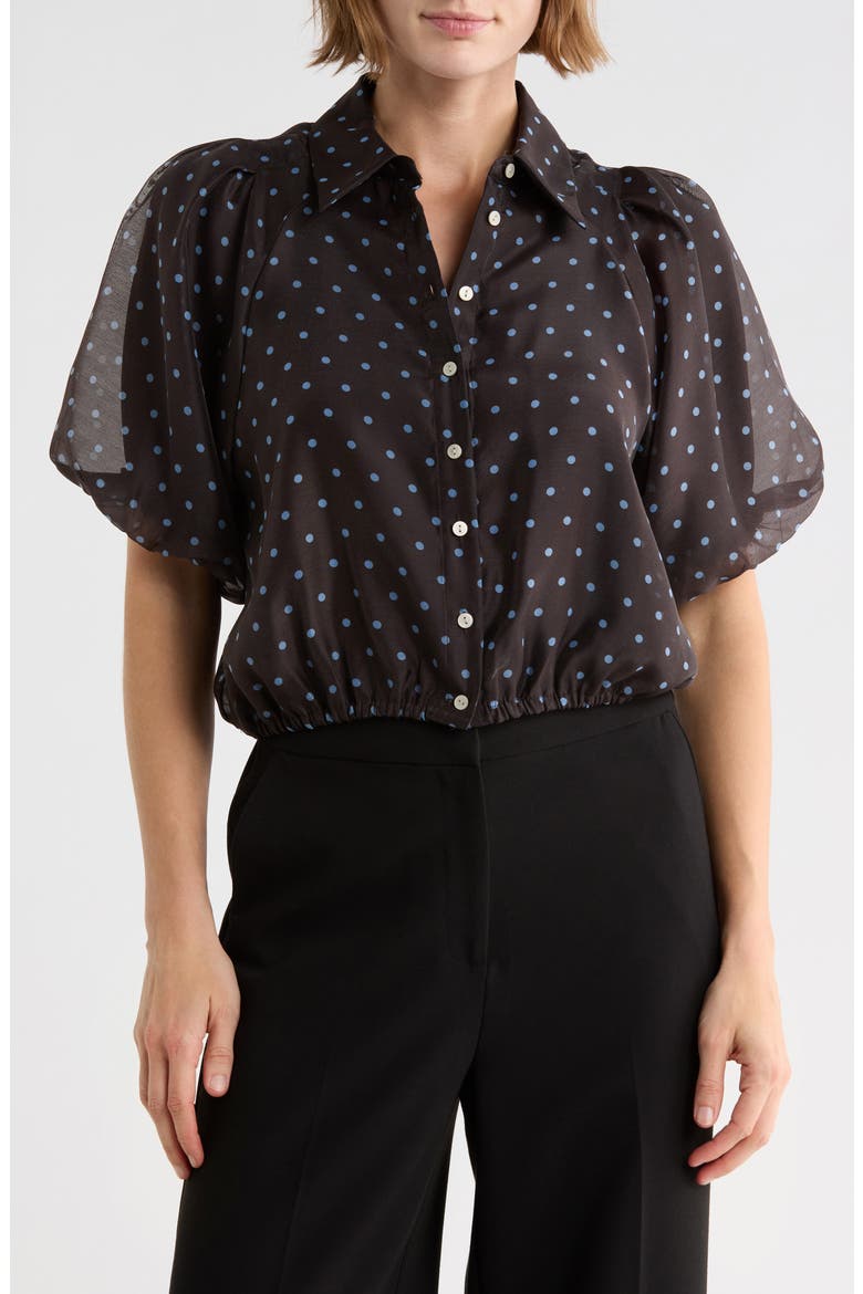 Bubble Sleeve Top, Main, color, CHOCOLATE/ BLUE DOT