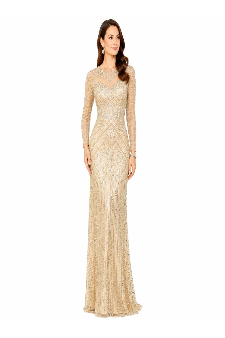 Illusion Neck, Long Sleeve Beaded Gown, Main, color, Nude/Multi