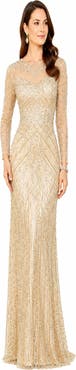 LARA New York Illusion Neck, Long Sleeve Beaded Gown