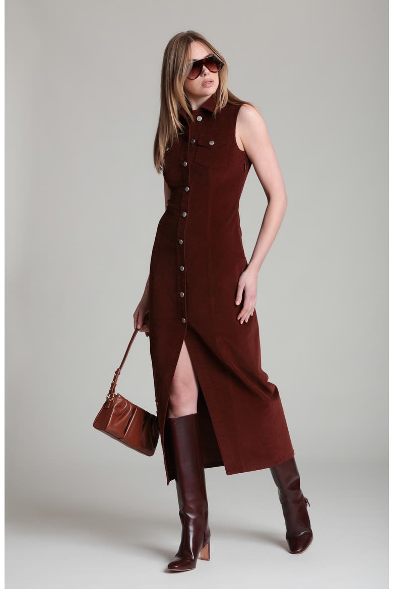 Sleeveless Stretch Corduroy Dress, Alternate, color, COGNAC