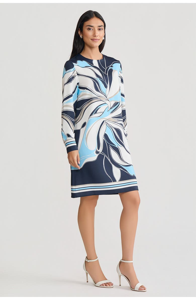 Ming Wang Floral Abstract Crepe de Chine Shift Dress, Alternate, color, Indigo/White/Serene