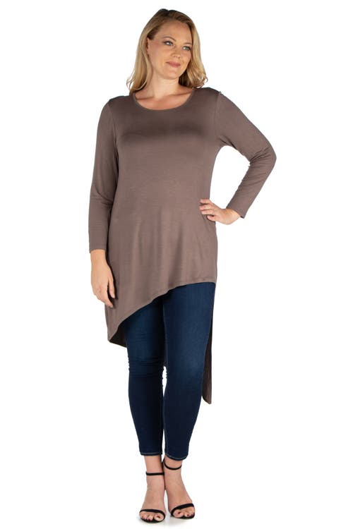 24seven Comfort Apparel Plus Size Long Sleeve Knee Length Asymmetrical Tunic Top In Brown