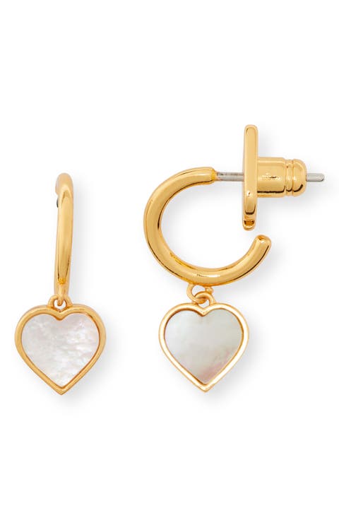 spade flower mother-of-pearl heart drop huggie hoop earrings