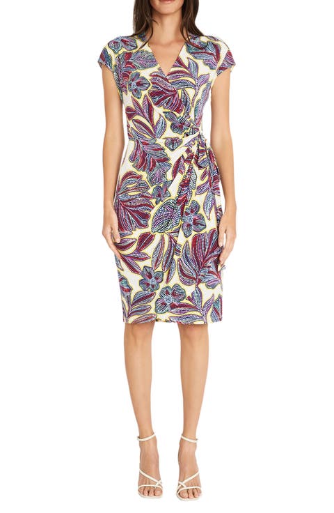 Floral Cap Sleeve Matte Jersey Wrap Dress