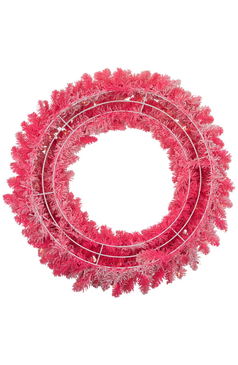Northlight Pre-Lit Flocked Pink Artificial Christmas Wreath - 36 Inch, Clear Lights, Alternate, color, Pink