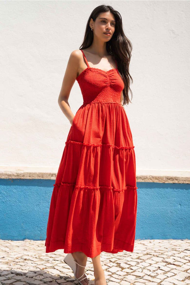 Cecilia Smocked Tiered Maxi Dress, Alternate, color, Guava Red