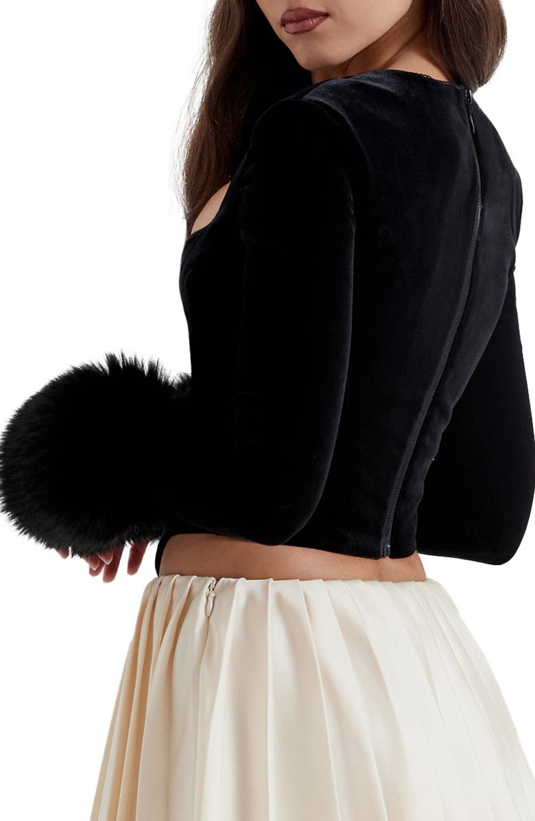 HOUSE OF CB Catriona Faux Fur Long Sleeve Corset Top, Alternate, color, Black