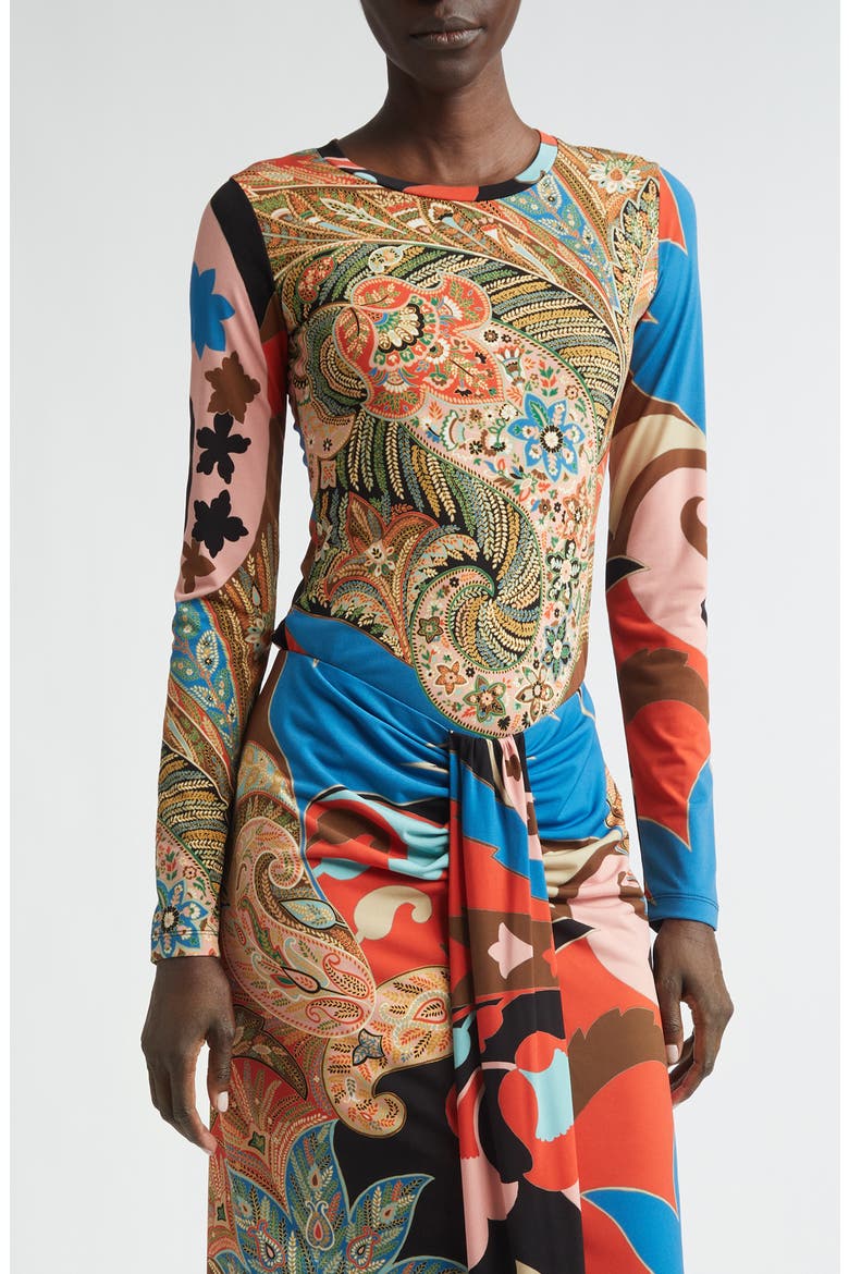 Paisley Long Sleeve Jersey Top, Main, color, RED