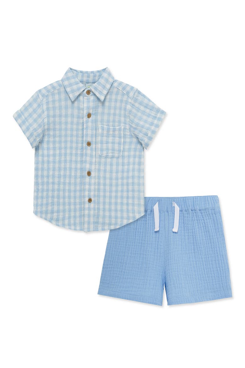 Gingham Cotton Button-Up Shirt & Drawstring Shorts Set, Main, color, BLUE