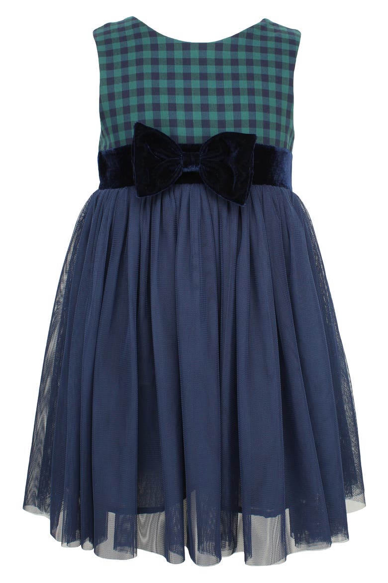 Check Sleeveless Tulle Dress, Main, color, NAVY