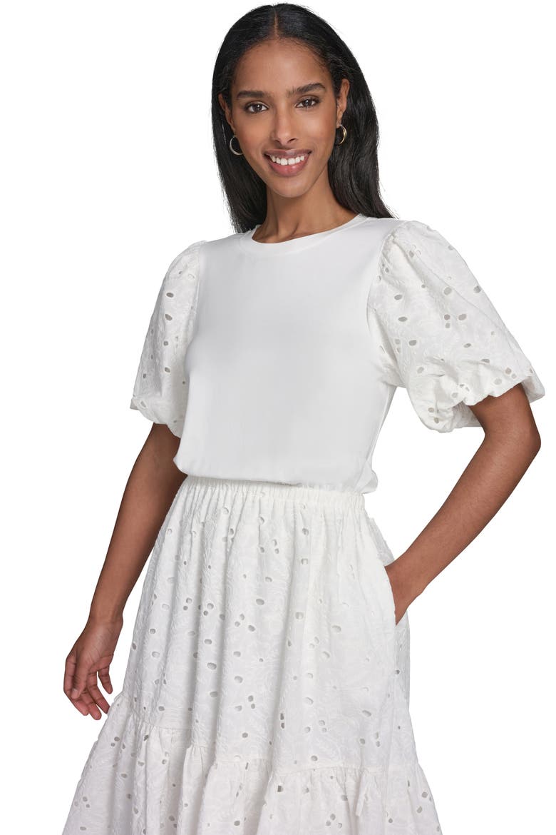 Mixed Media Eyelet Lace Midi Dress, Alternate, color, SOFT WHITE
