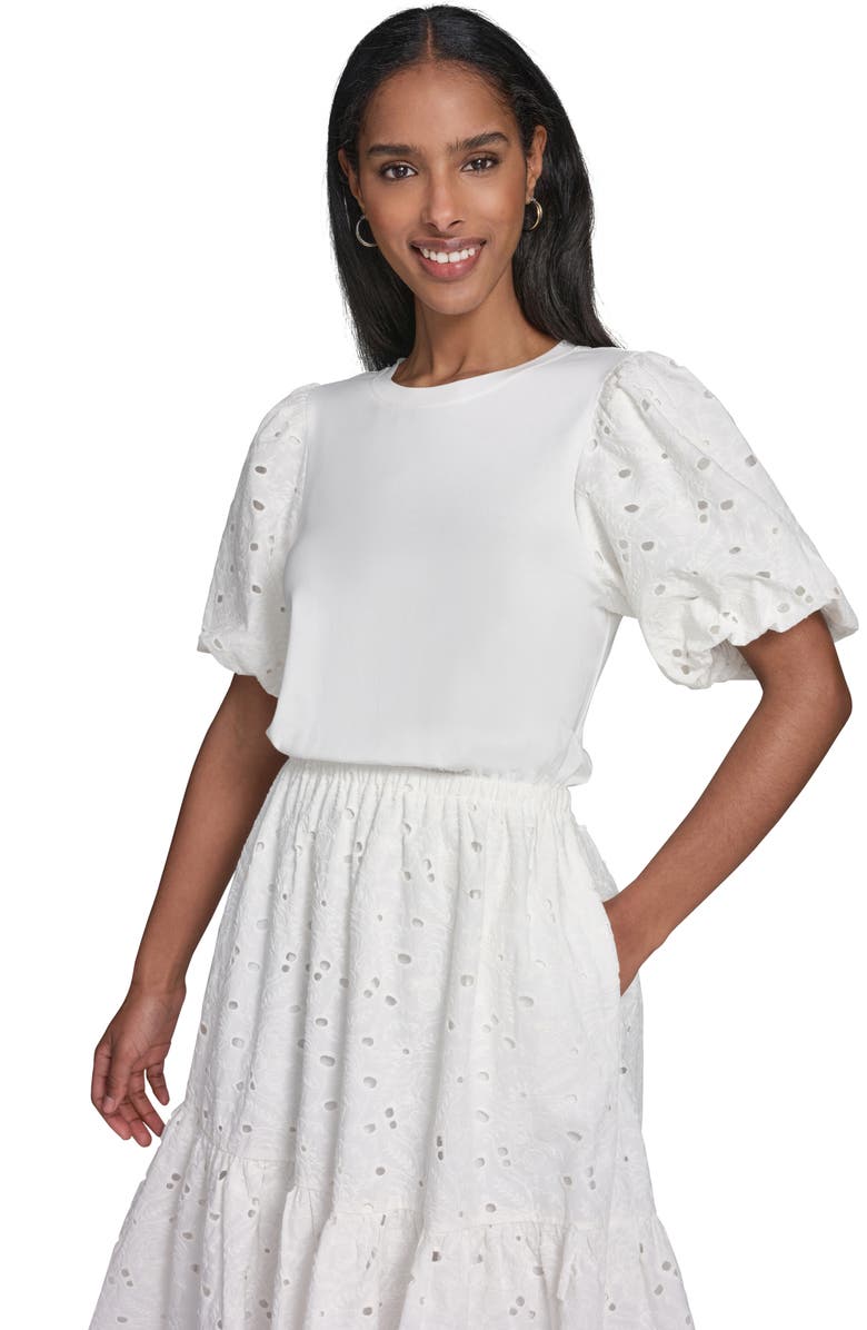 KARL LAGERFELD PARIS Mixed Media Eyelet Lace Midi Dress, Alternate, color, 