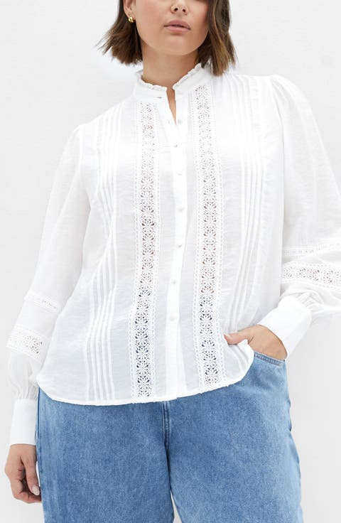 売れ筋商品|||エヌワイディージェイ カットソー トップス レディース Plus Size Modern Blouse Point Collar Top Corinth Peaks Pintuck Blouse In Plus Size - Optic White White | NYDJ