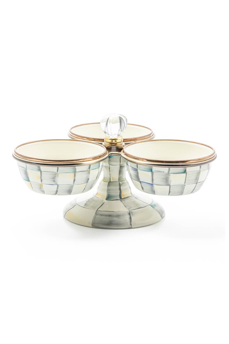 Sterling Check Enameled Steel Triplicity Bowls & Stand Set, Main, color, GREY/ WHITE