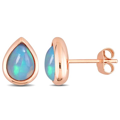 Blue Opal Stud Earrings 10K Rose Gold