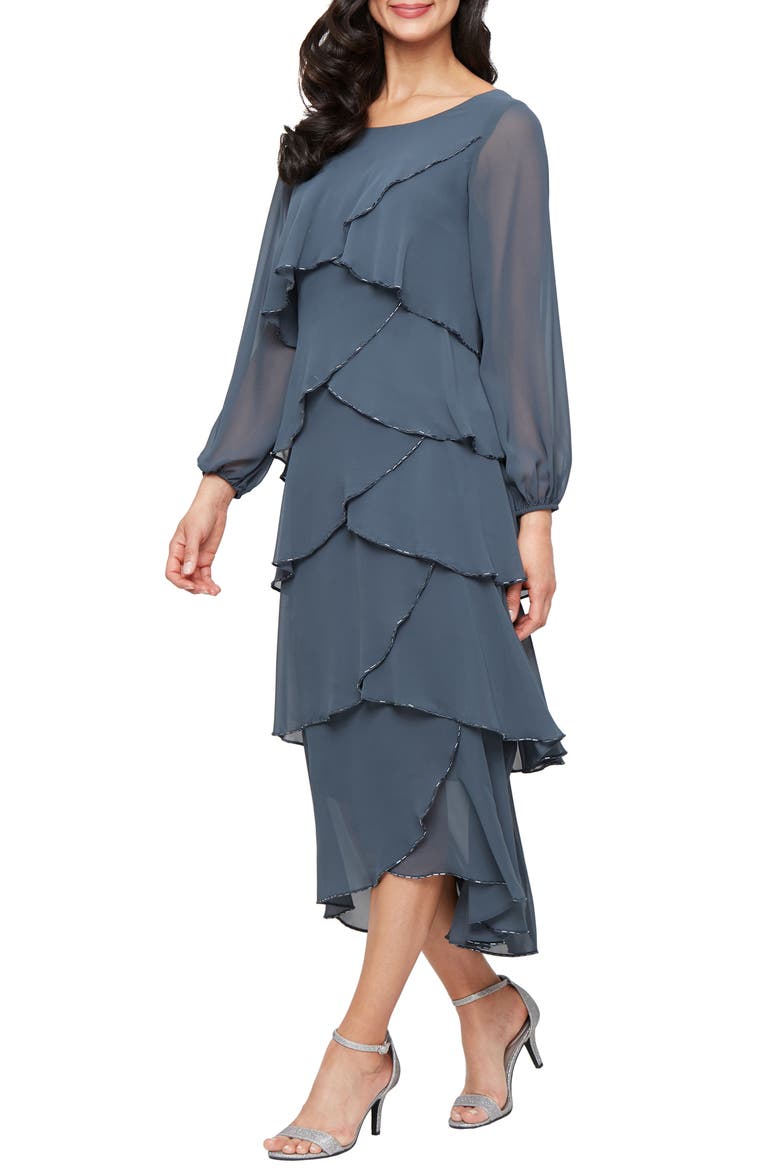 Beaded Long Sleeve Tiered Cocktail Dress, Main, color, SLATE