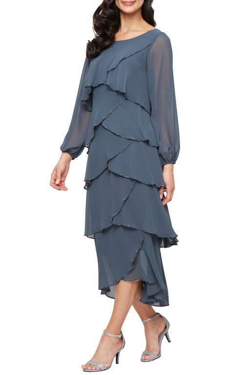 Sl Fashions Beaded Long Sleeve Tiered Cocktail Dress In Blue