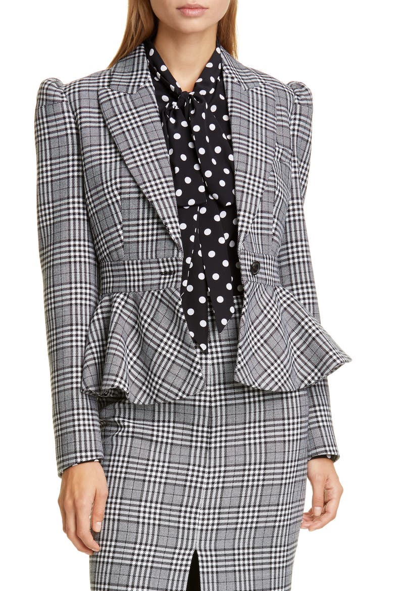 Glen Plaid Wool Peplum Jacket, Main, color, BLACK/ WHITE
