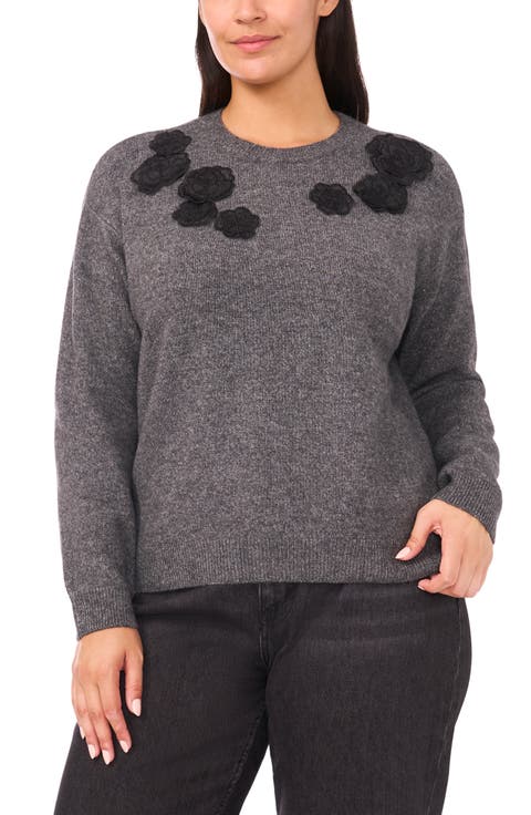 Floral Appliqué Crewneck Sweater (Plus)