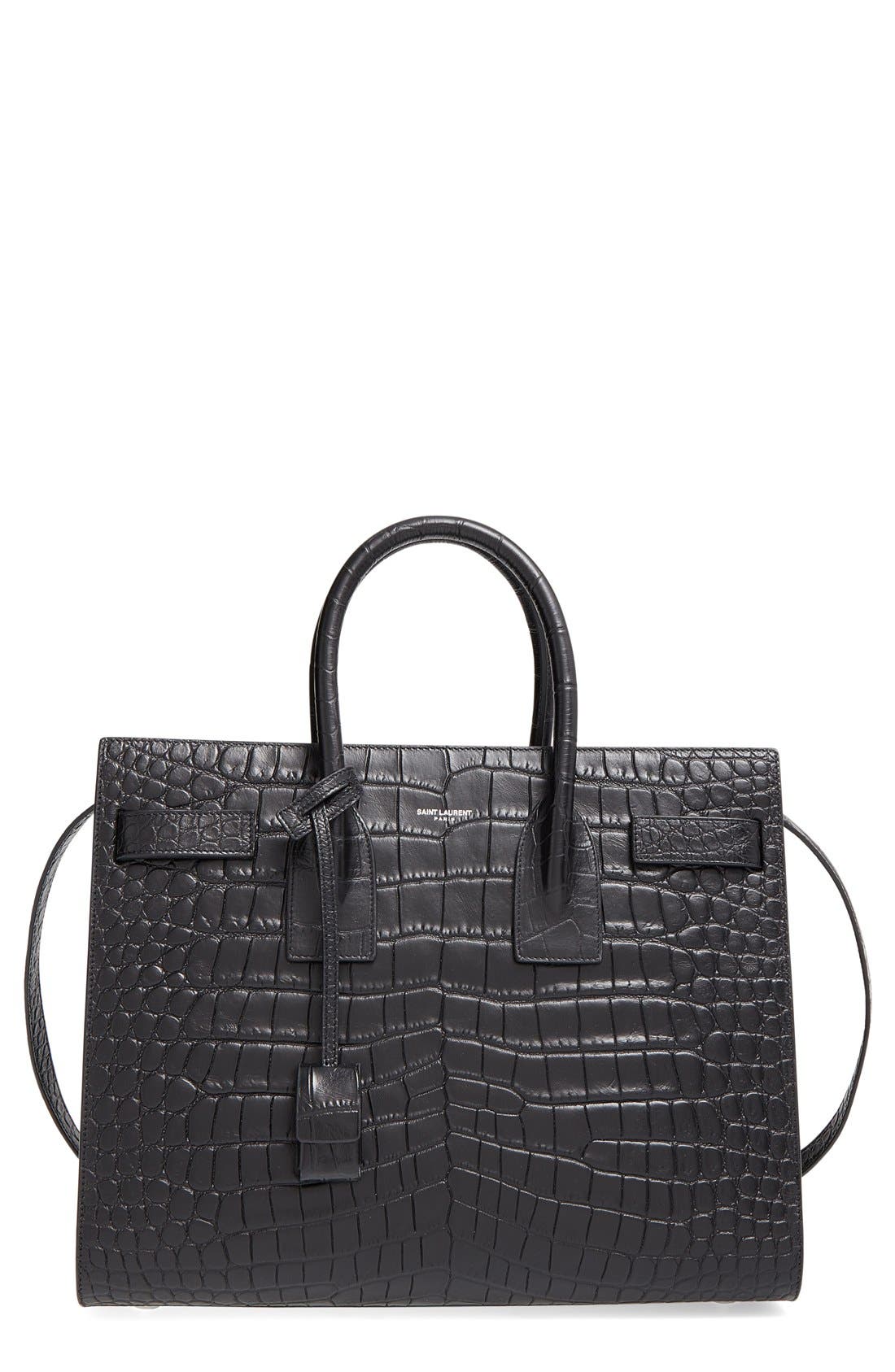 'Small Sac de Jour' Croc Embossed Leather Tote, Main, color, NOIR