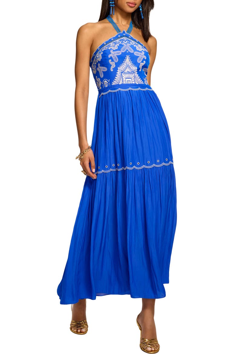 Kenna Embroidered Tiered Halter Maxi Dress, Main, color, CAPRI BLUE
