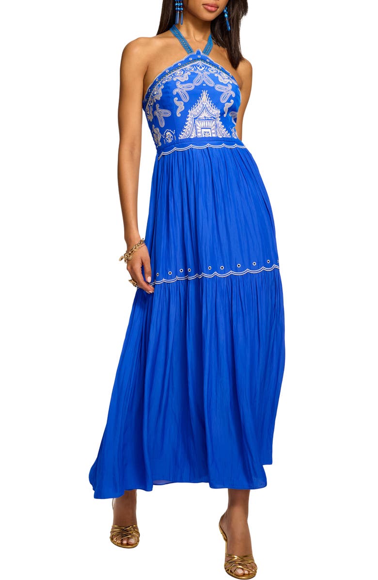Ramy Brook Kenna Embroidered Tiered Halter Maxi Dress, Main, color, Capri Blue