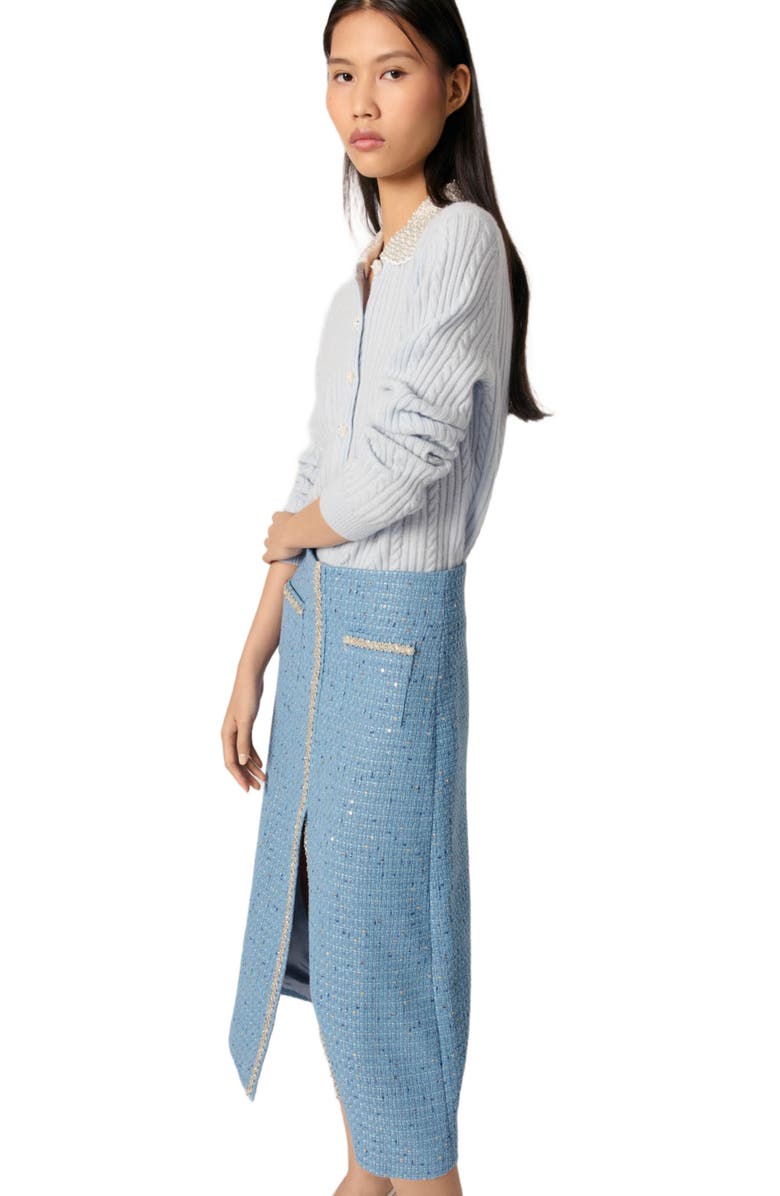 maje Sequin tweed midi skirt, Alternate, color,