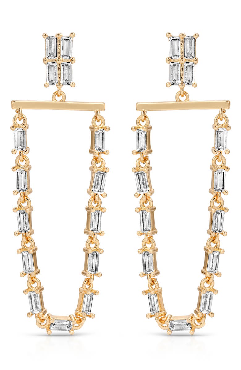 Ettika Baguette Cubic Zirconia Hoop Drop Earrings, Main, color, Gold