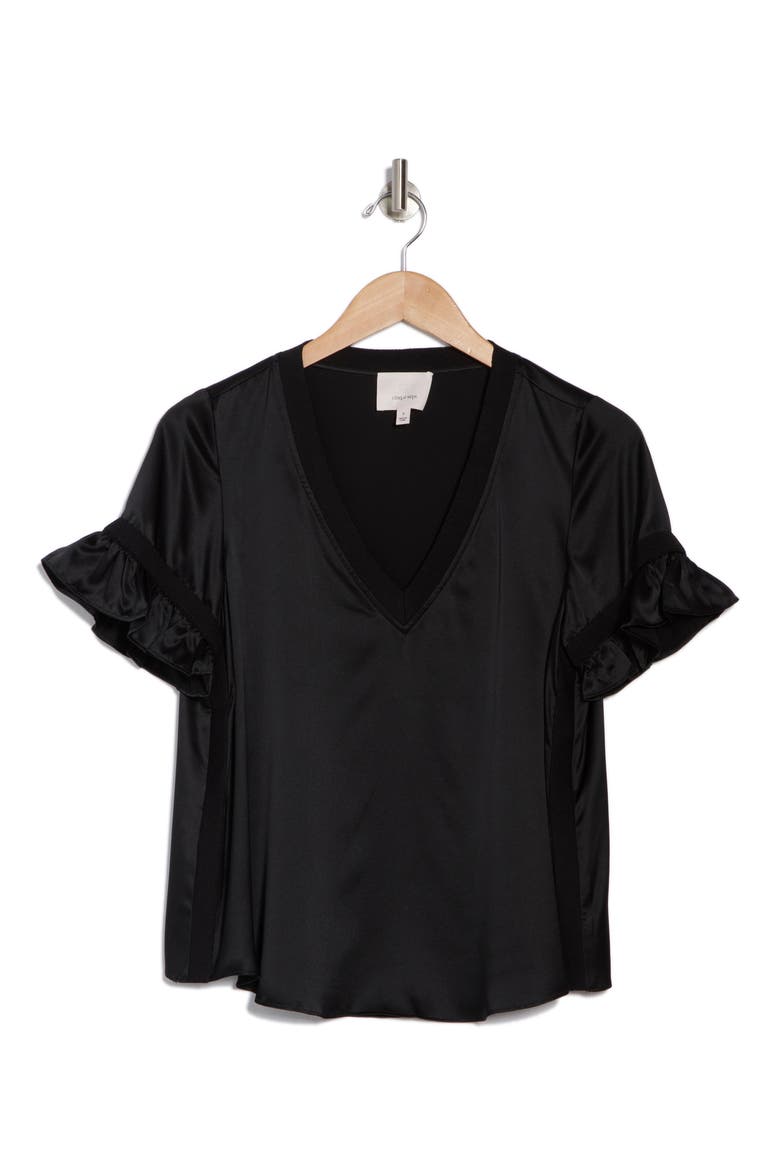 Linnea Ruffle Sleeve Silk Top, Alternate, color, BLACK