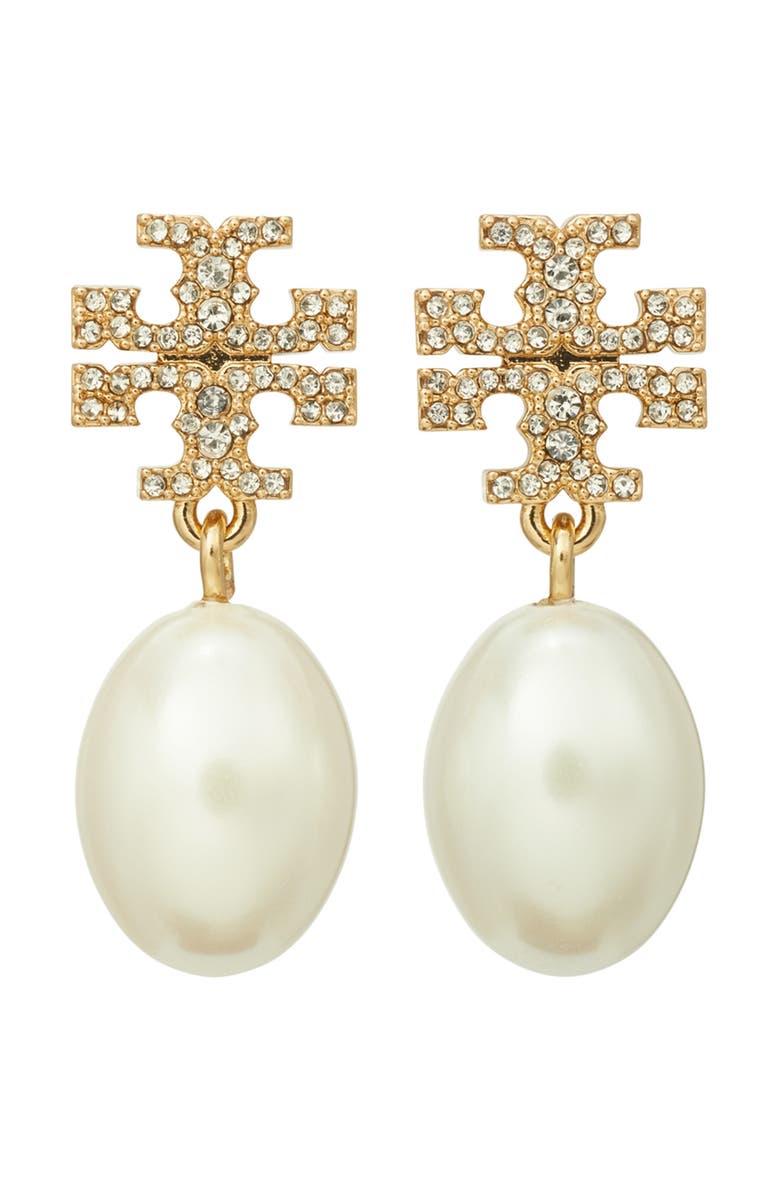 Tory Burch Moondance Pearl and Pavé Drop Earrings, Main, color, Tory Gold / Pearl
