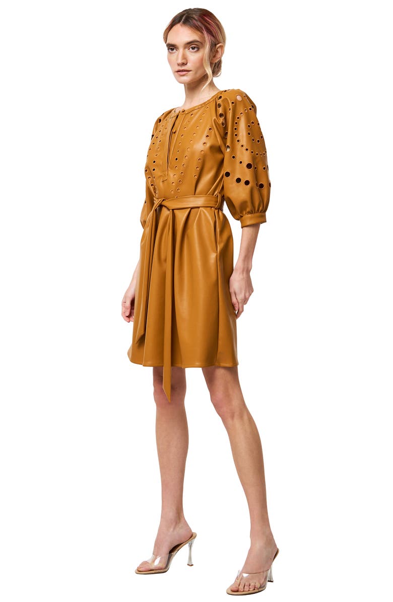CIEBON Kinna Eyelet Puff Sleeve Tie Belt Faux Leather Shirtdress, Alternate, color, Tan