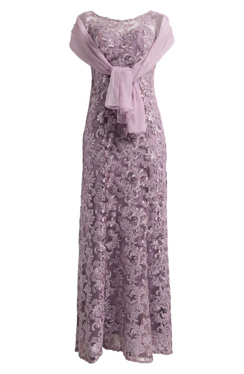 Alex Evenings Sequin Sleeveless Gown with Shawl, Alternate, color, Wisteria