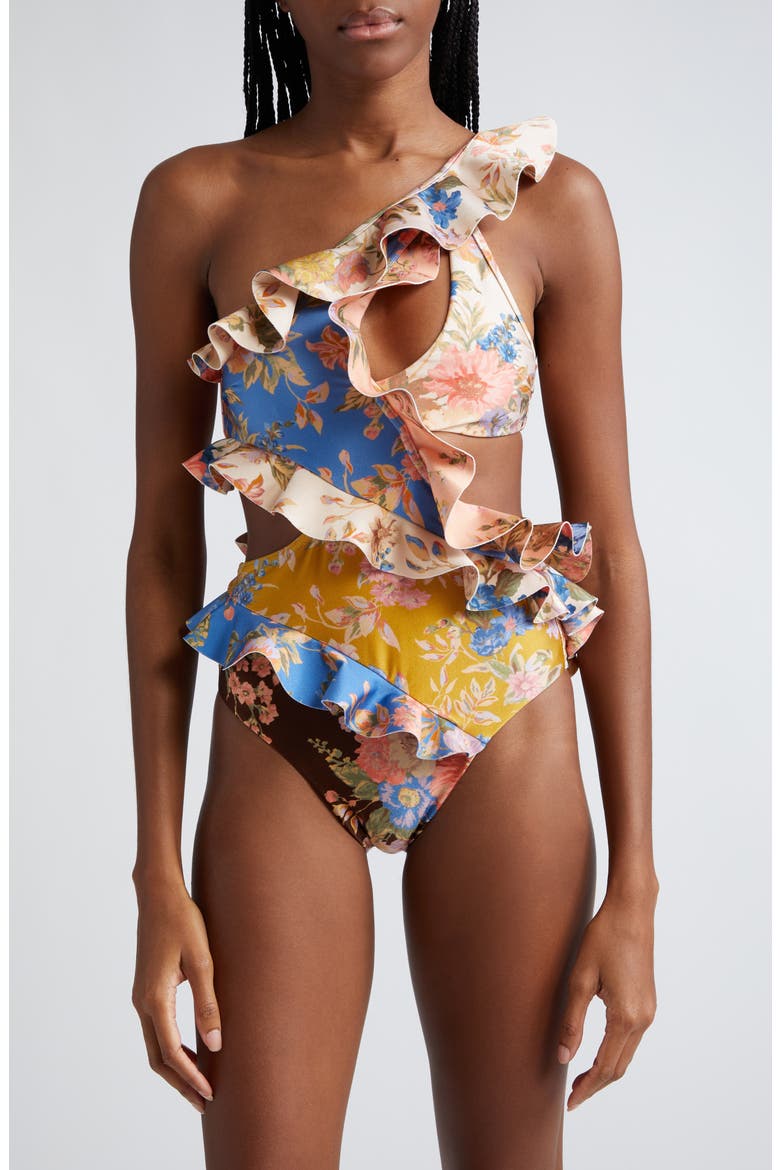 August Asymmetric Ruffle Cutout One-Shoulder One-Piece Swimsuit