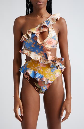 Zimmermann August Asymmetric Ruffle Cutout One-Shoulder One