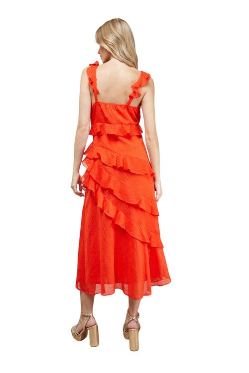 Oasis Dobby Ruffle V-neck Tiered Midi Dress In Orange
