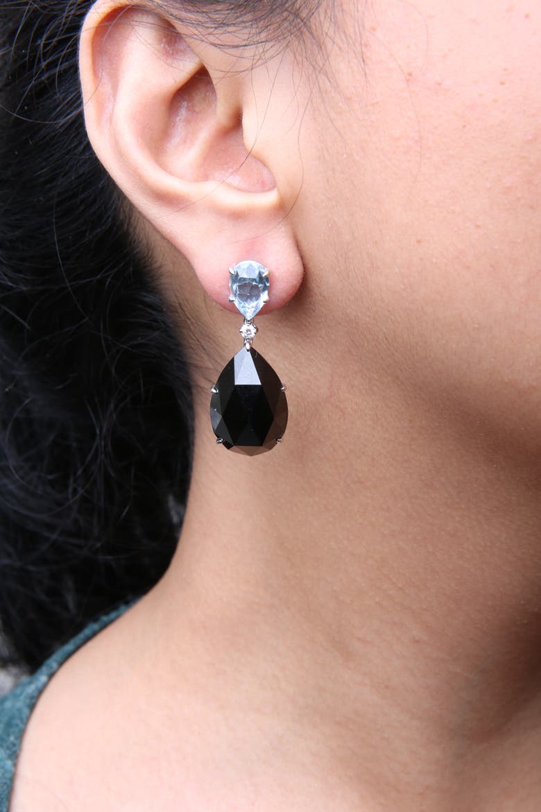 18K White Gold 1/5 Cttw Diamond with Blue Topaz & Onyx Gemstone Dangle Earring, Alternate, color, White