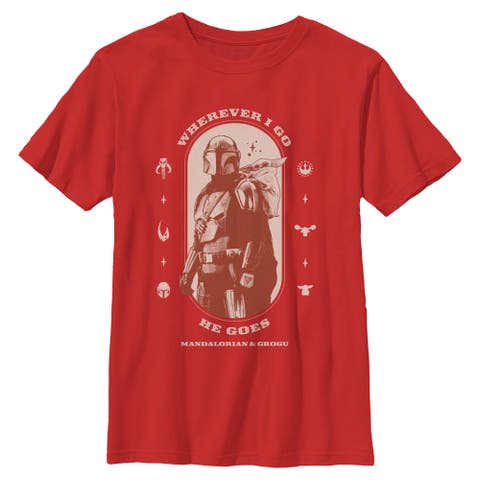 Boy's Star Wars The Mandalorian and Grogu Wherever I Go He Goes Logo  Graphic T-Shirt