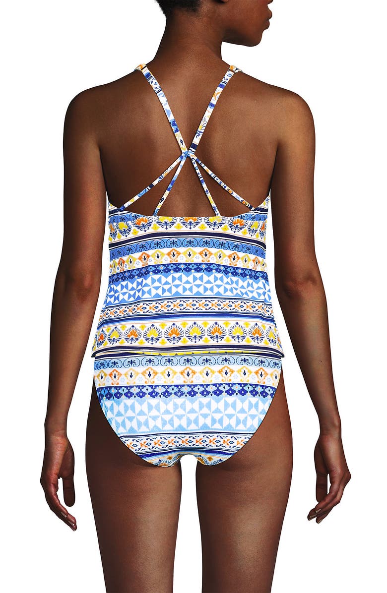 Lands' End D-Cup Tugless High Neck Strappy Back Tankini Swimsuit Top, Alternate, color, White Mosaic Multi Stripe