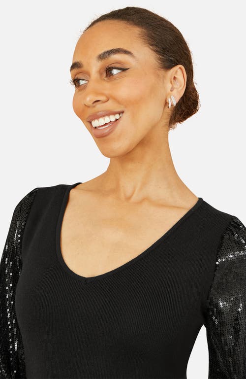 Yumi Knitted Fitted Dress With Sequin Sleeves In Black