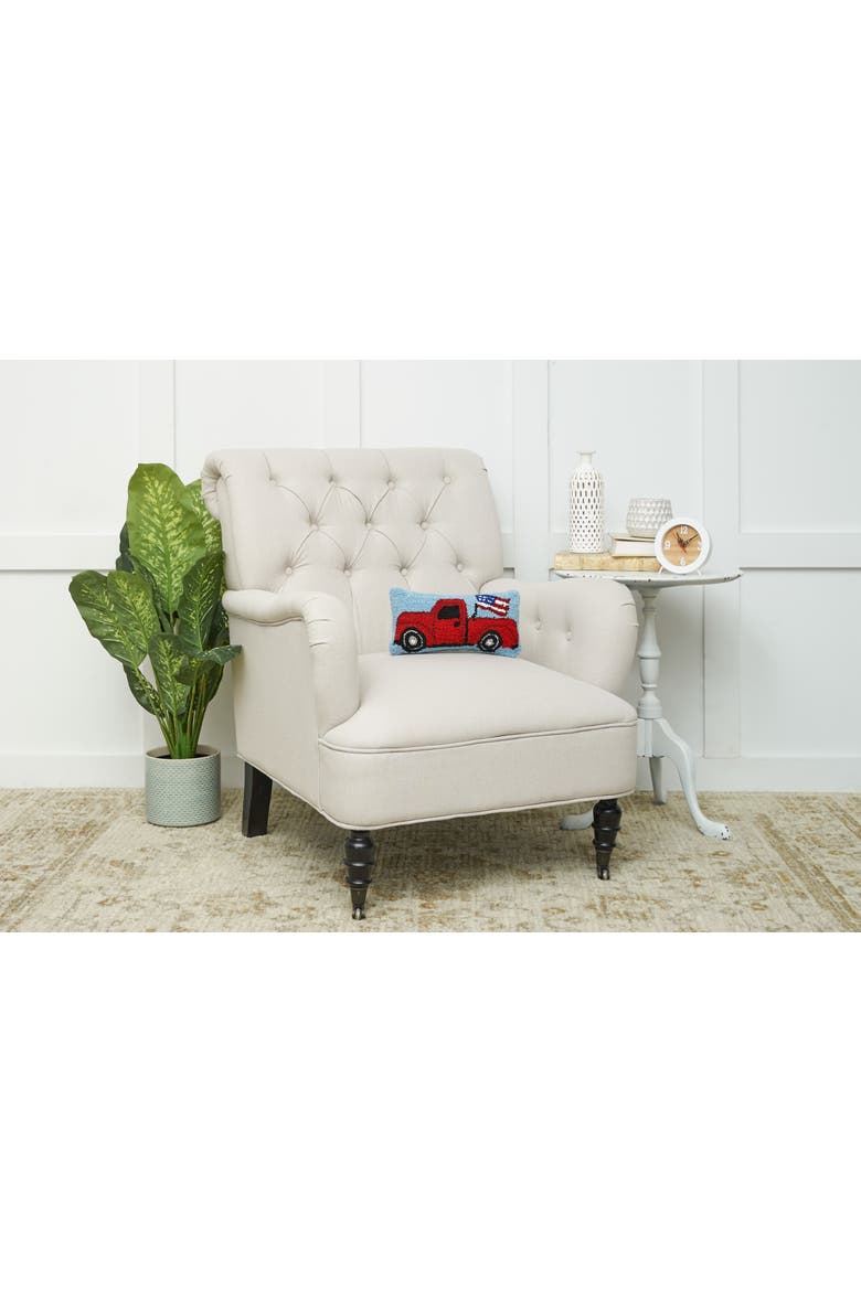 Patriotic Retro Red Pickup Truck w/ Waving American Flag Hooked Mini Accent Pillow, 6" x 12", Alternate, color, Red