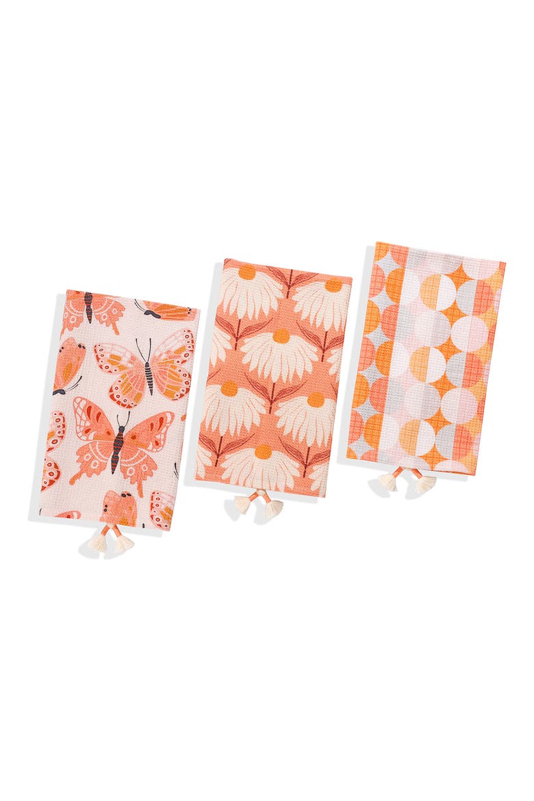 Marigold Flutter Set of 3 Cotton Waffle Kitchen Towels, Main, color, CREAMSICLE/ PAPAYA