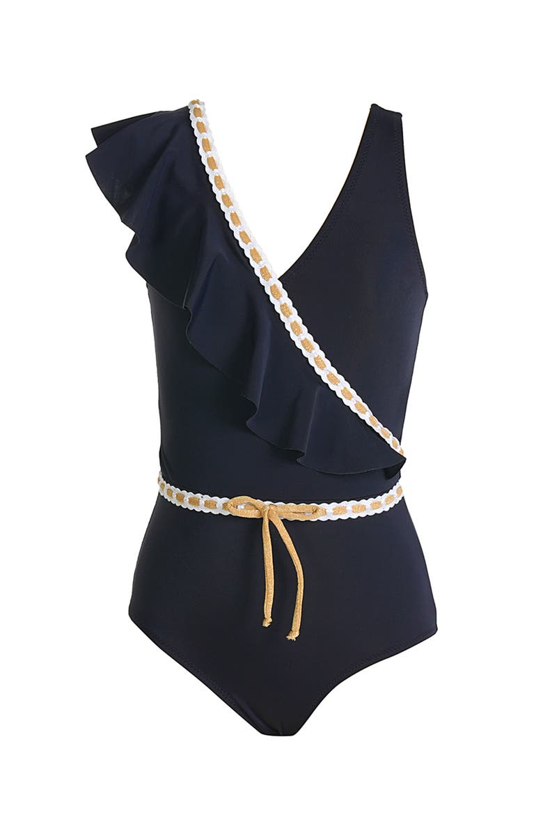 Asymmetrical Ruffle Decorative Embroidery Accents One-Piece Swimsuit, Main, color, Black