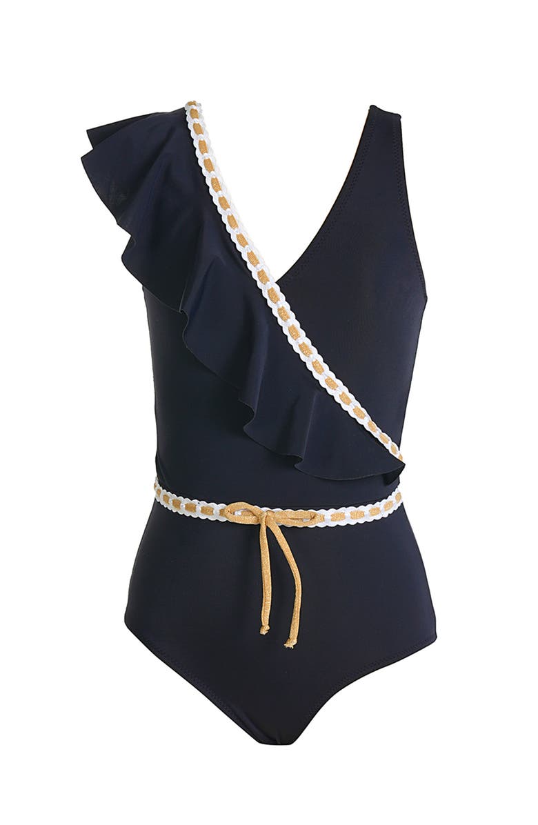 NESSI BYRD Asymmetrical Ruffle Decorative Embroidery Accents One-Piece Swimsuit, Main, color, Black